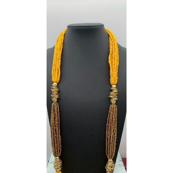 Vintage 14 Multi Strand Yellow & Gold Seed Bead Necklace W Gold Tone Stations - Picture 4 of 6